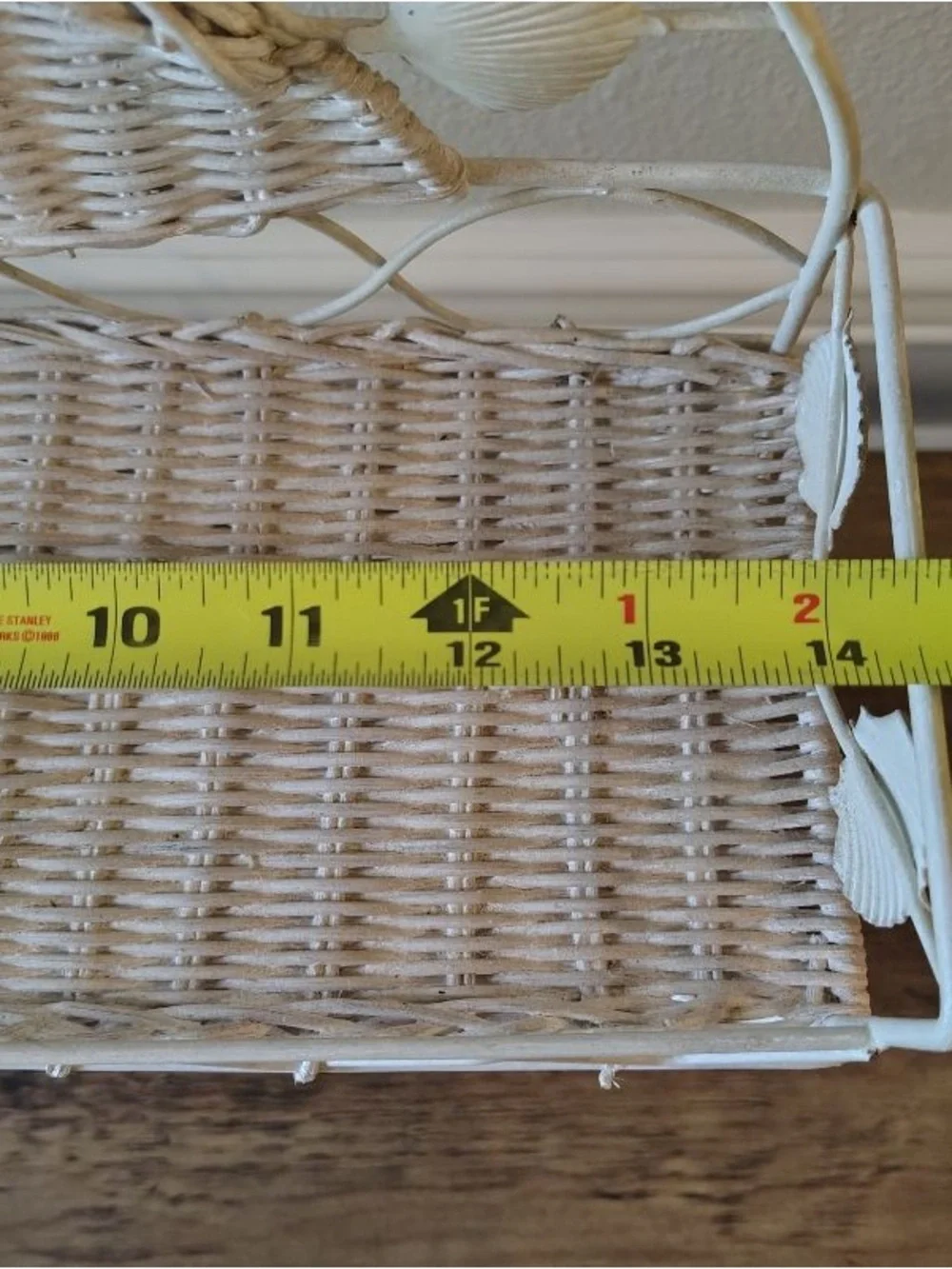 Vtg Wicker Rattan & Wire 2 Tiered Shelf White Hanging Coastal Cottage Seashells